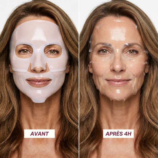 Masque hydrogel CollaVie blanc puis translucide pendant une longue pose