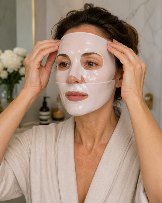 Application du masque hydrogel CollaVie sur une peau mature