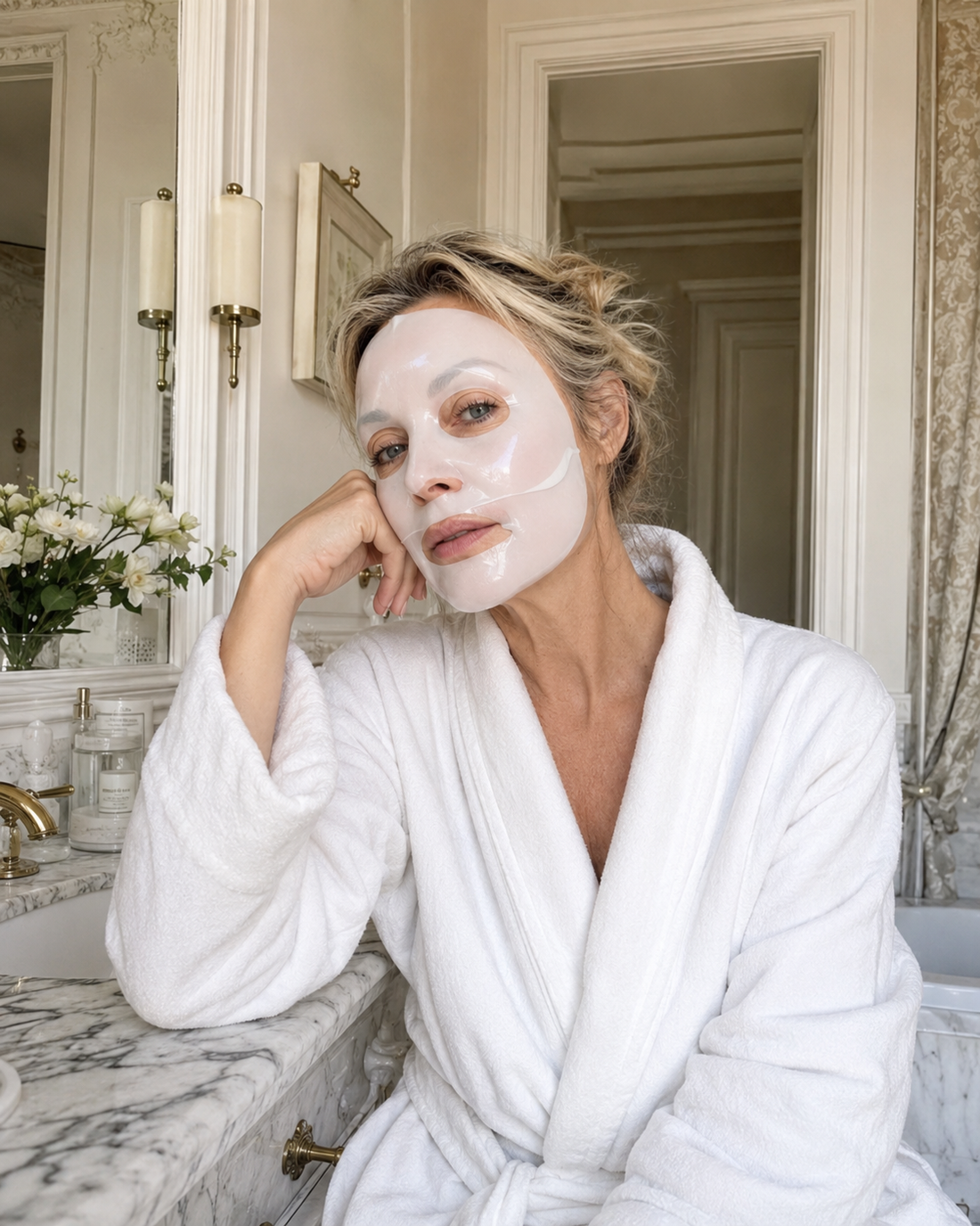 Femme mature portant un masque hydrogel pour un comparatif beauté